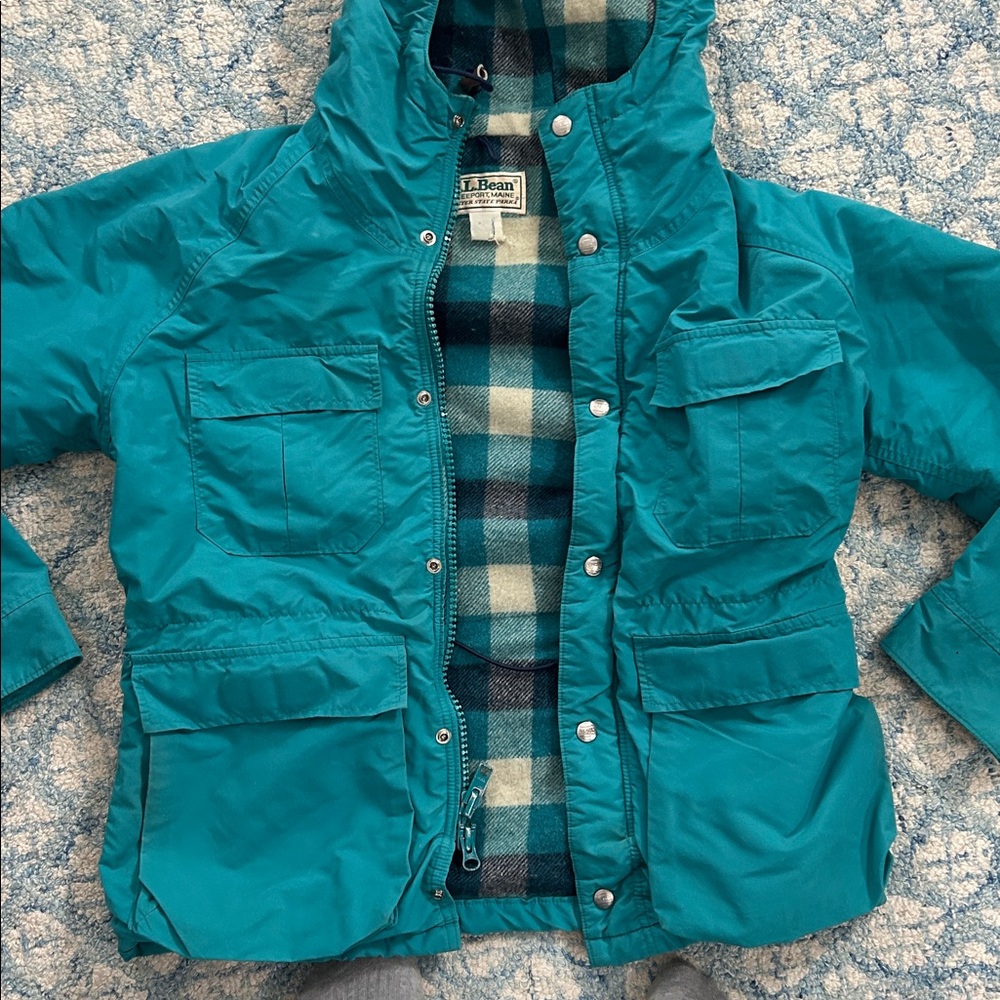 L.L. Bean vintage teal flannel lined multi pocket coat jacket medium - Picture 2 of 9